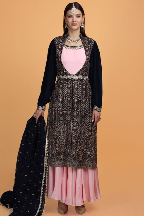 Light Pink Silk Anarkali Eid Gown With Designer Jacket And Belt