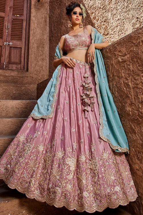 Light Pink Silk Blend Embroidered Lehenga For Wedding 