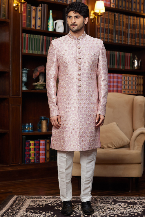 Light Pink Silk Blend Embroidered Straight Cut Men's Sherwani