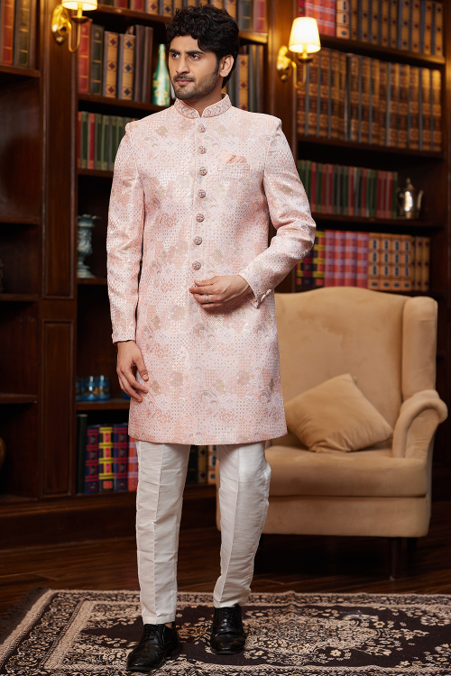 Light Pink Silk Blend Weaved Straight Cut Men's Sherwani