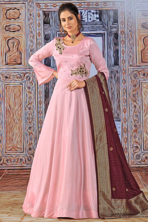 Light Pink Silk Embroidered Anarkali Suit