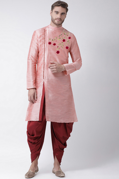 Light Pink Silk Embroidered Men's Kurta With Dhoti 