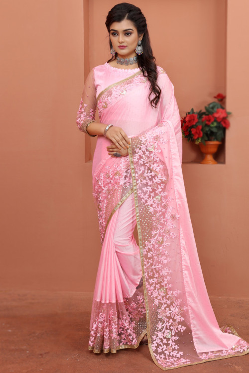 Buy Pink Round Neck Pearl Work Plus Size Sarees Online for Women