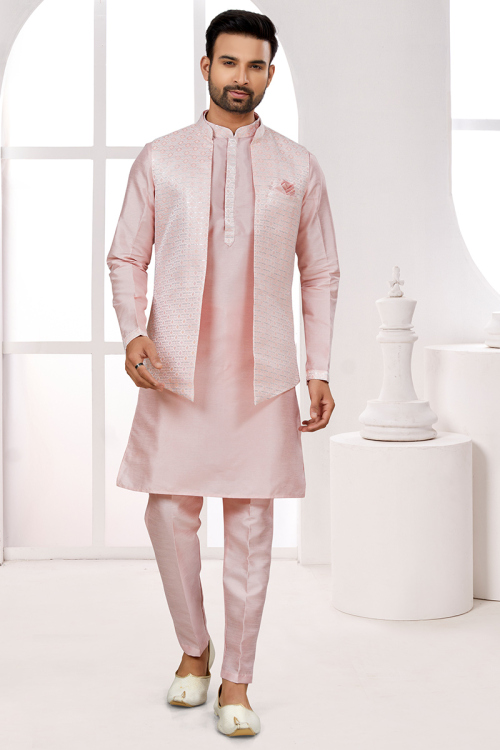 Light Pink Silk Men's Kurta Pajama With Weaved Jacket 