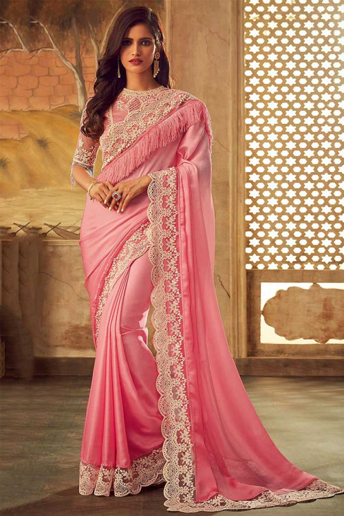 Light Pink Silk Saree With Banglori Silk Blouse