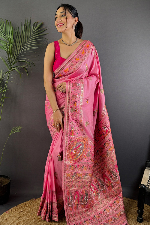 Light Pink Soft Silk Saree With Weaved Work For Festival