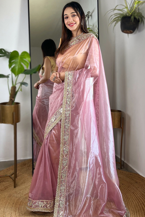 Light Pink Tissue Embroidered Light Weight Saree