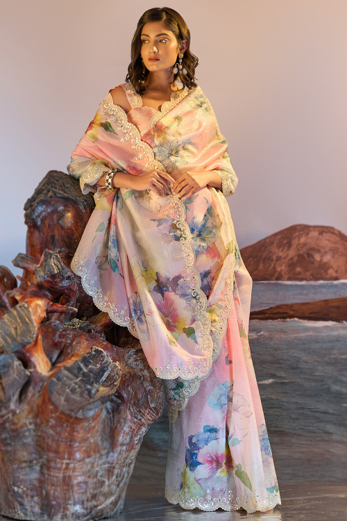 Light Pink Tissue Printed Saree For Festival 