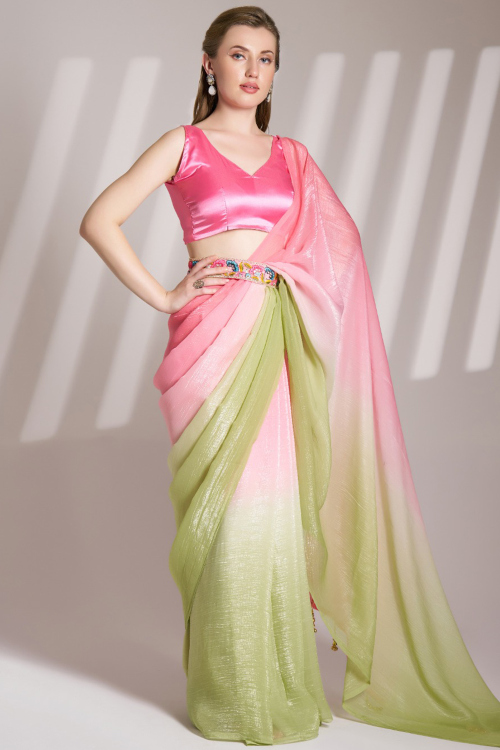 Light Pink Tissue Printed Shimmer Saree 