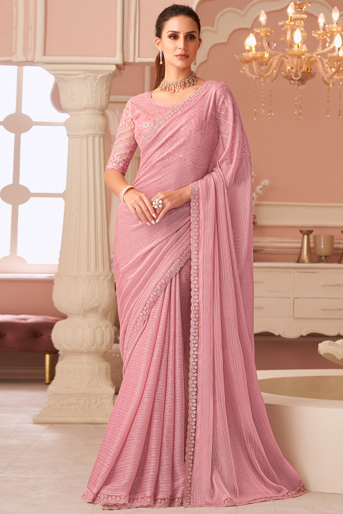Light Pink Tissue Saree with Zari Work for Diwali Festive Look