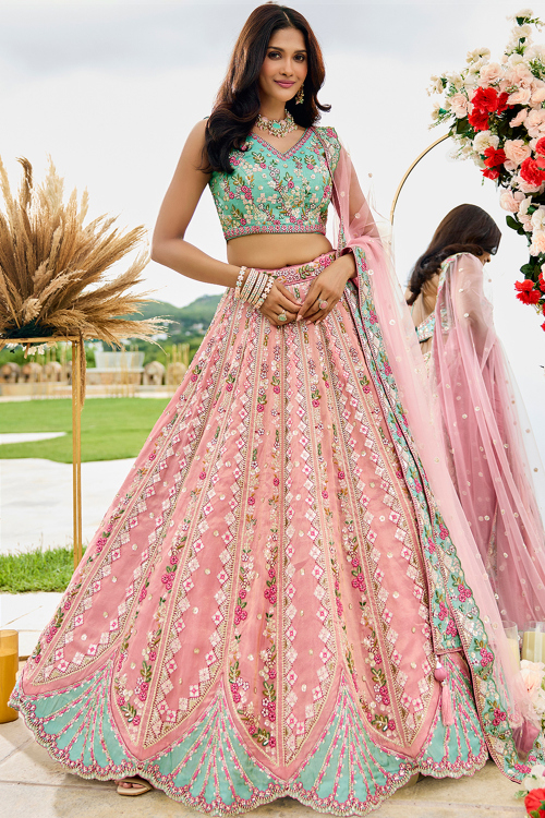 Light Pink Tissue Zari Embroidered A Line Lehenga
