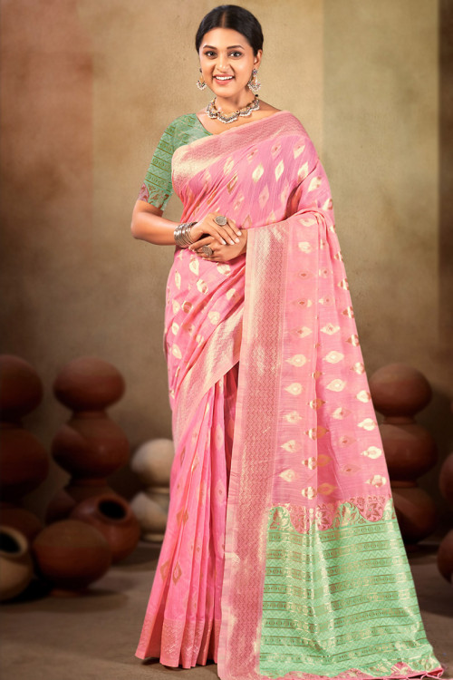 Light Pink Weaved Light Weight Linen Saree