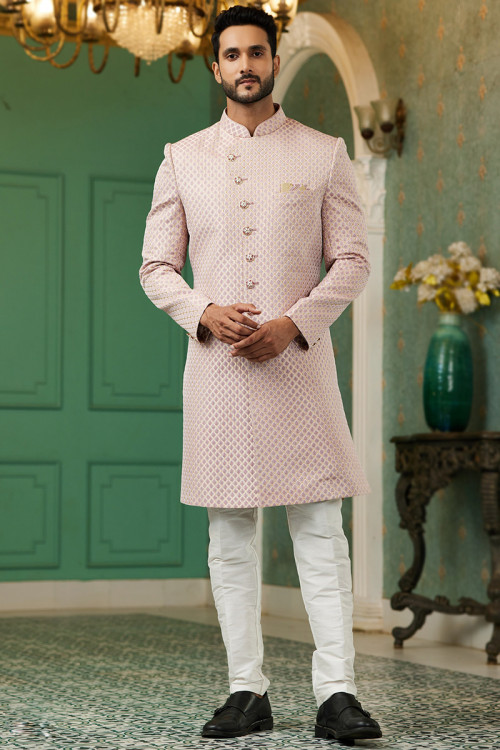 Light Pink Weaved Zari Jacquard Wedding Wear Men's Sherwani 