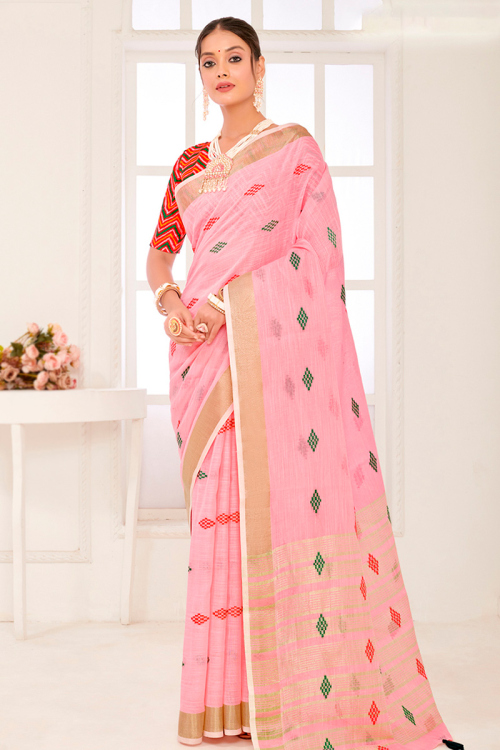 Light Pink Woven Zari Linen Light Weight Saree