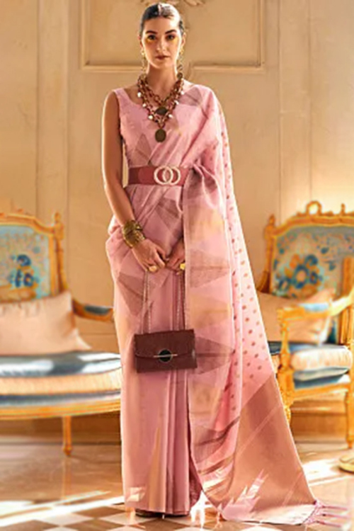 Light Pink Woven Zari Tissue Light Weight Saree 