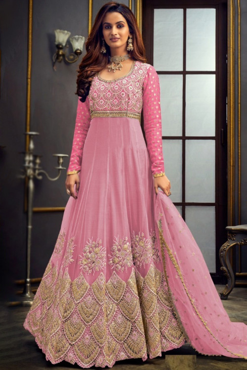 Light Pink Zari Embroidered Festival Wear Net Anarkali Suit