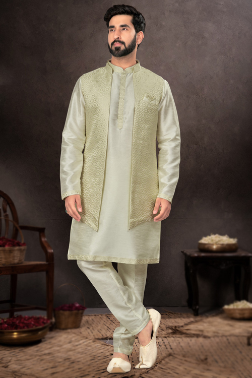 Light Pistachio Green Dupion Silk Men's Kurta Pajama With Embroidered Jacket