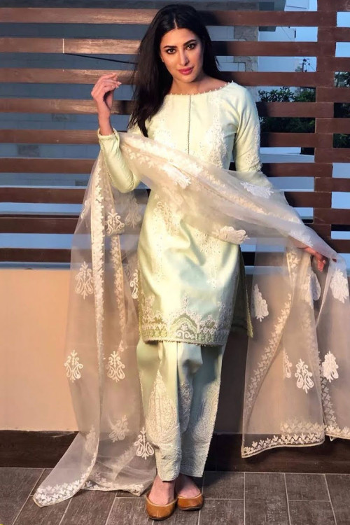 Mint Green Taffeta Silk Indian Patiala Suit With Resham Work