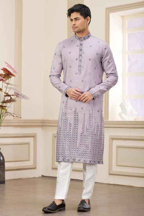 Light Purple Art Silk Embroidered Men's Straight Cut Kurta Pajama