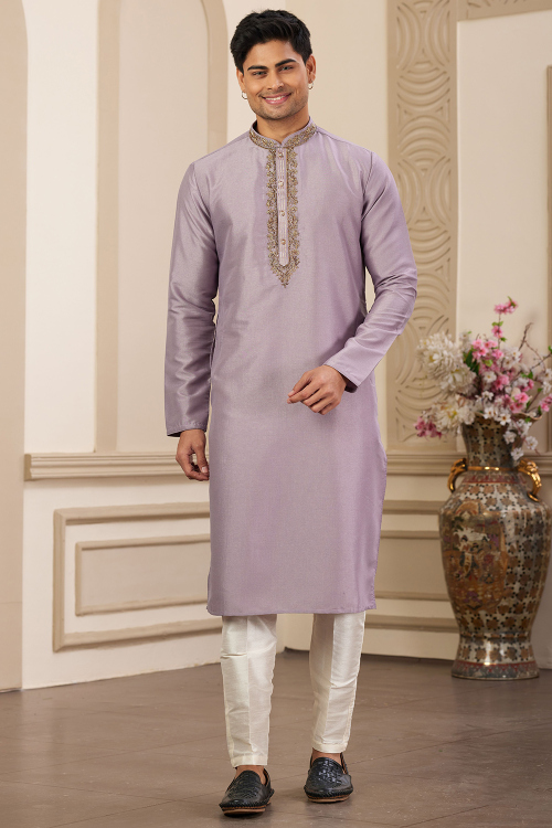 Light Purple Art Silk Men's Kurta Pajama With Zari Work