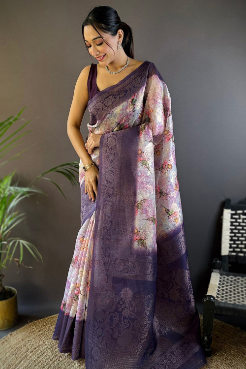 Light Purple Art Silk Printed Broad Border Saree 