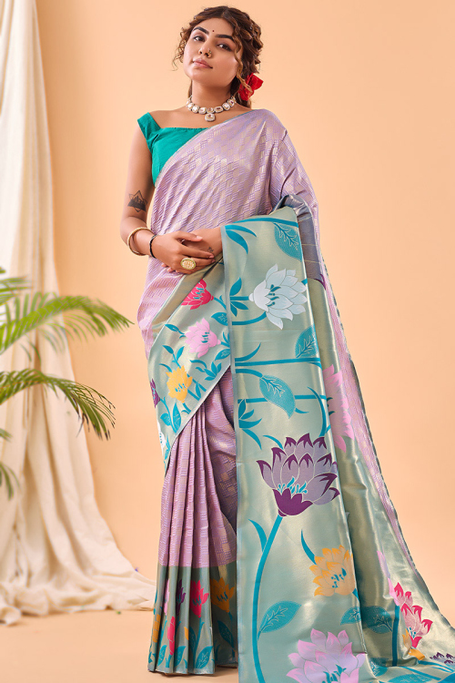 Light Purple Broad Border Weaved Zari Silk Wedding Wear Saree 