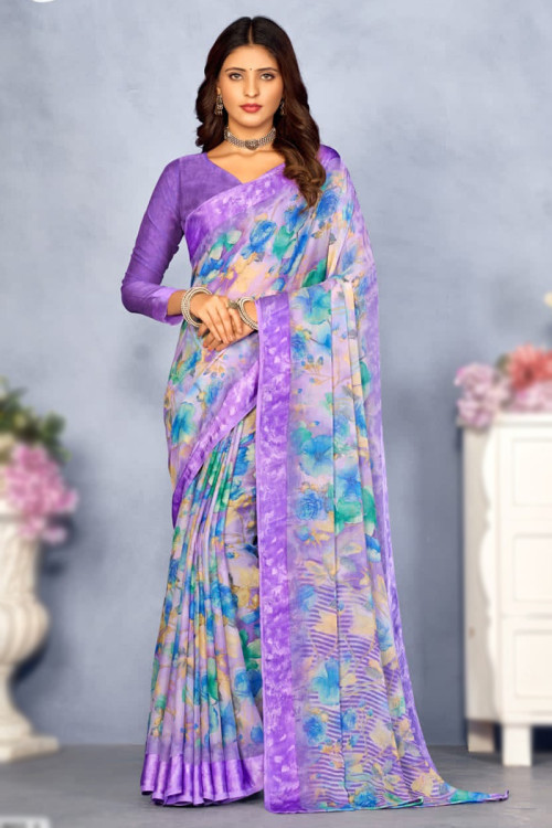Light Purple Casual Wear Floral Print Chiffon Saree 