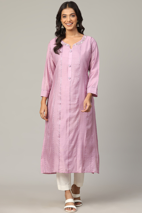 Light Purple Chanderi Silk Embroidered Straight Cut Kurti
