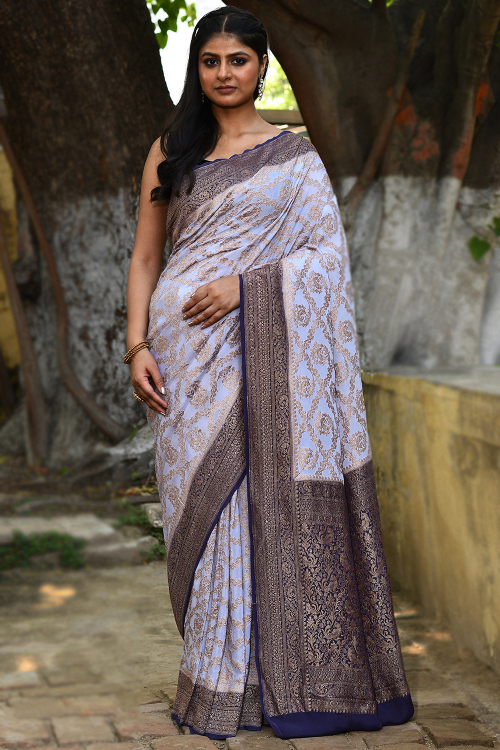 Light Purple Chiffon Woven Zari Broad Border Saree 