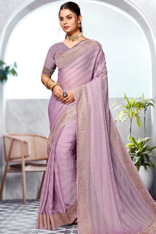 Light Purple Chiffon Zari Embroidered Shimmer Saree 