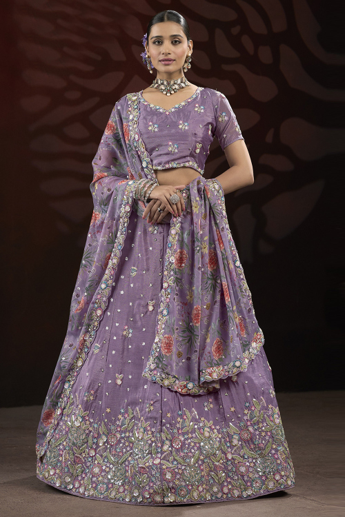 Light Purple Chinnon Embroidered Panelled Style Lehenga