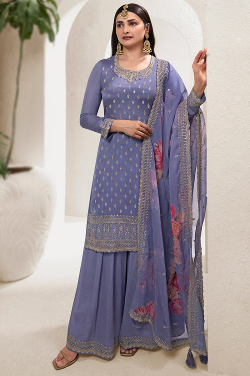 Light Purple Chinnon Sequins Embroidered Palazzo Suit for Wedding & Party