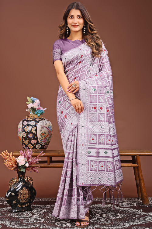 Light Purple Cotton Saree With Weaved Thread Work For Casual Wear