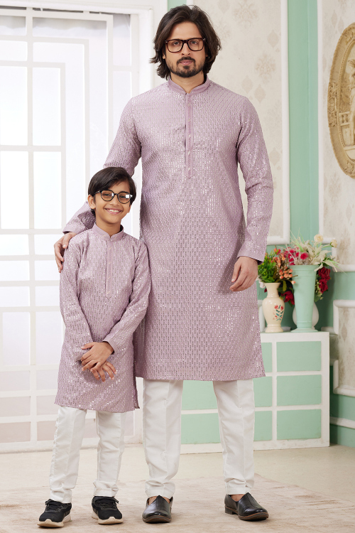 Light Purple Cotton Silk Embroidered Father And Son Kurta Pajama