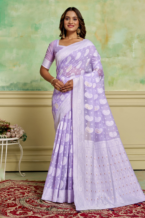 Light Purple Cotton Woven Zari Casual Wear Saree