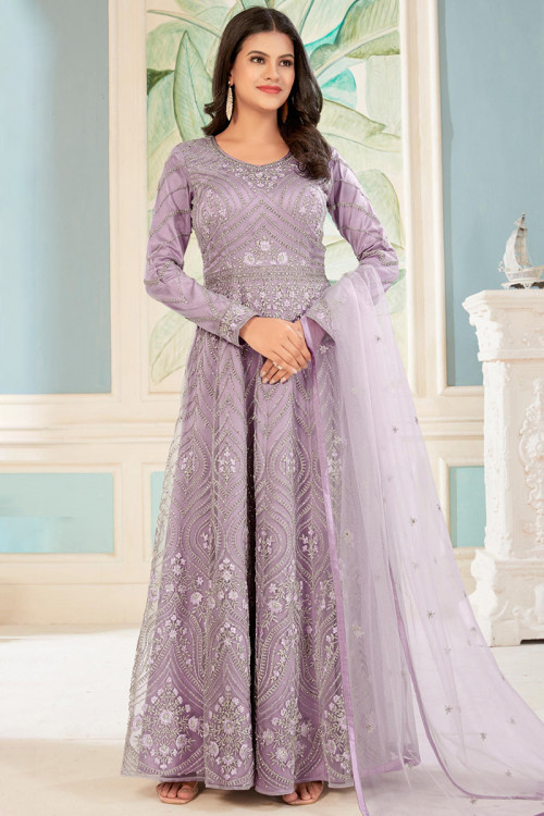 Light Purple Embroidered Net A-line Anarkali Suit