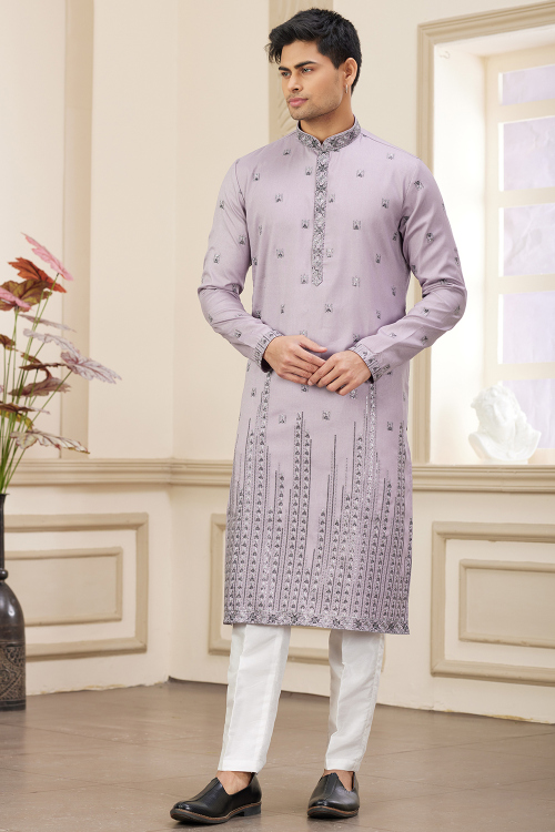 Light Purple Embroidered Silk Blend Men's Kurta Pajama For Festival 