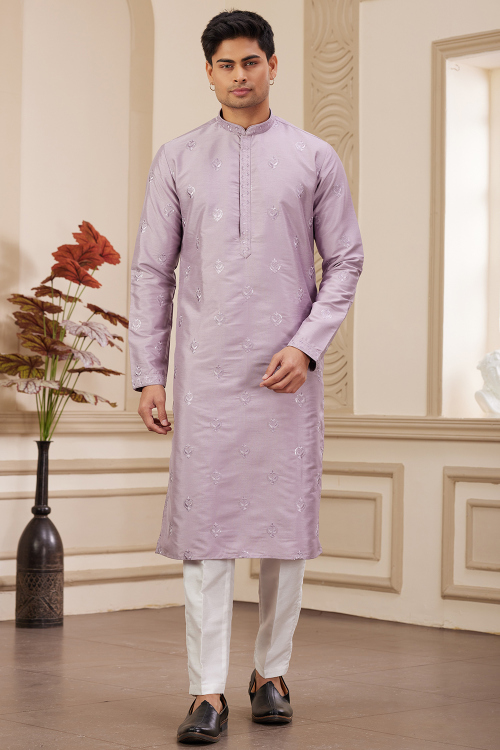 Light Purple Embroidered Silk Blend Men's Kurta Pajama 