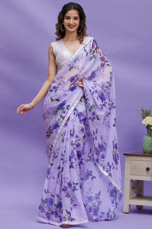 Light Purple Floral Print Crepe Saree For Sangeet 