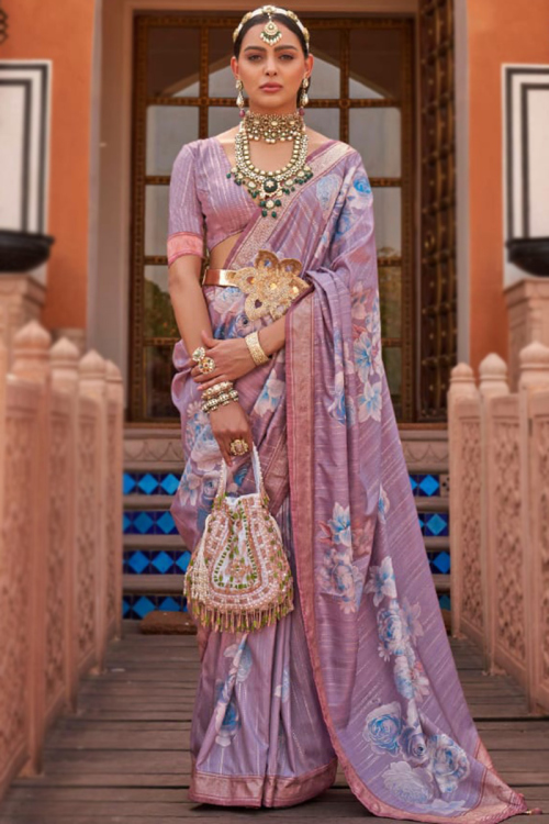 Light Purple Floral Print Light Weight Silk Casual Wear Saree