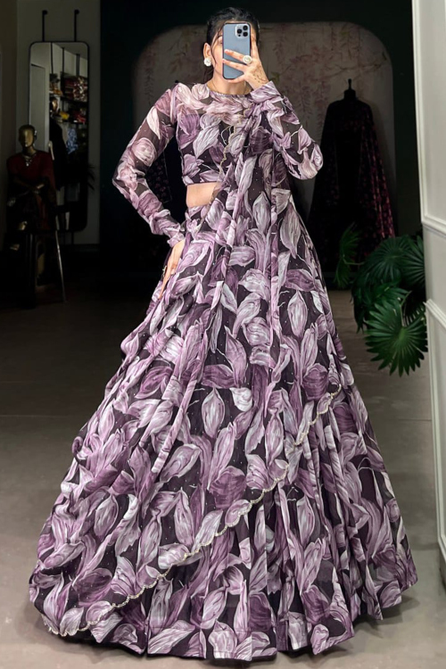 Light Purple Georgette Printed Flared Lehenga