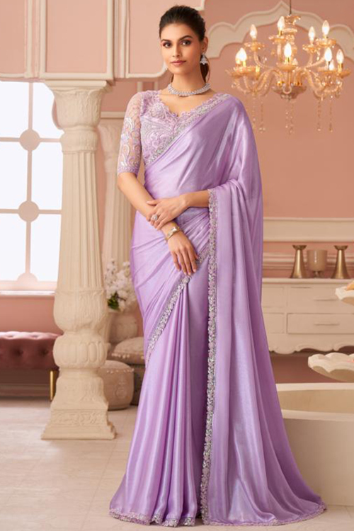 Light Purple Georgette Silk Embroidered Fancy Saree