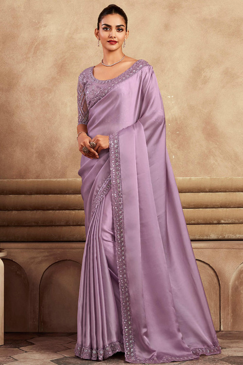 Light Purple Lace Embroidered Satin Silk Sangeet Saree 