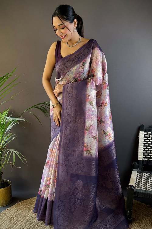 Light Purple Organza Printed Broad Border Saree 