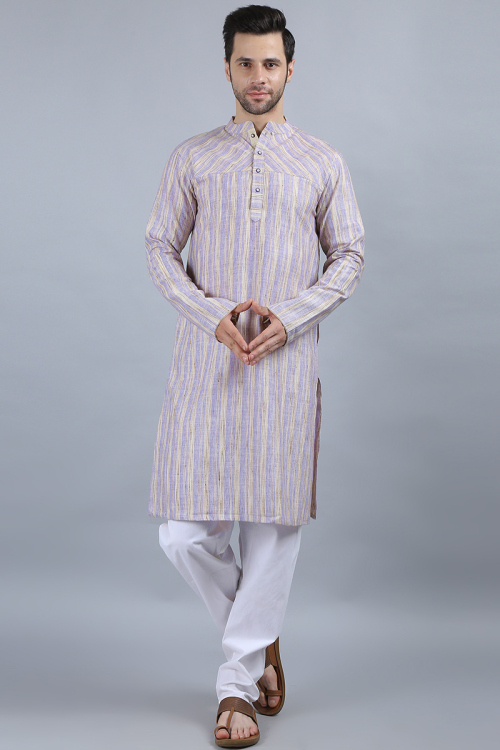 Light Purple Printed Cotton Casual Wear Straight Cut Men's Kurta 