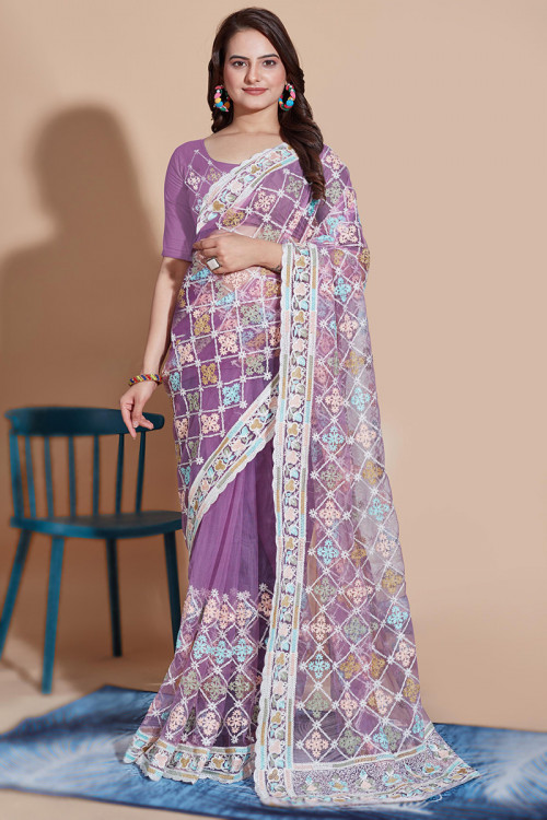 Light Purple Resham Thread Embroidered Net Lightweight Saree 