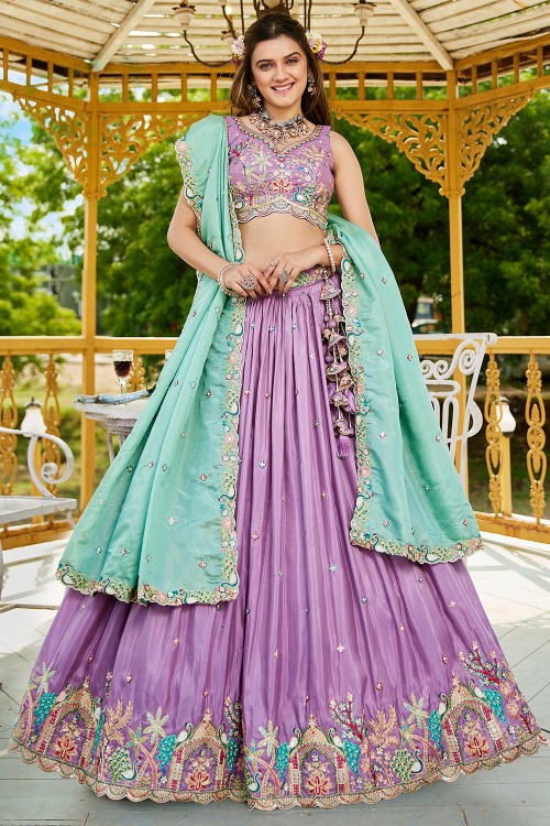 Light Purple Satin Embroidered Lehenga For Wedding