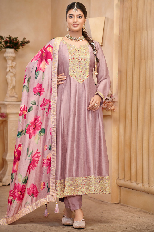 Light Purple Art Silk Embroidered A Line Trouser Suit