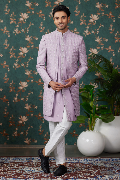 Light Purple Silk Blend Embroidered Jacket Style Men's Sherwani