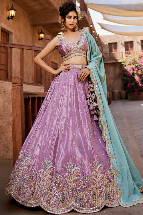 Light Purple Silk Blend Embroidered Lehenga For Wedding